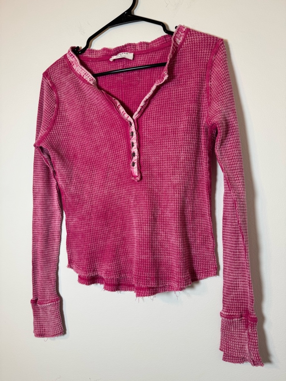 Zenana Pink Waffle Knit Henley Top Long Sleeve Raw Hem Thermal Small